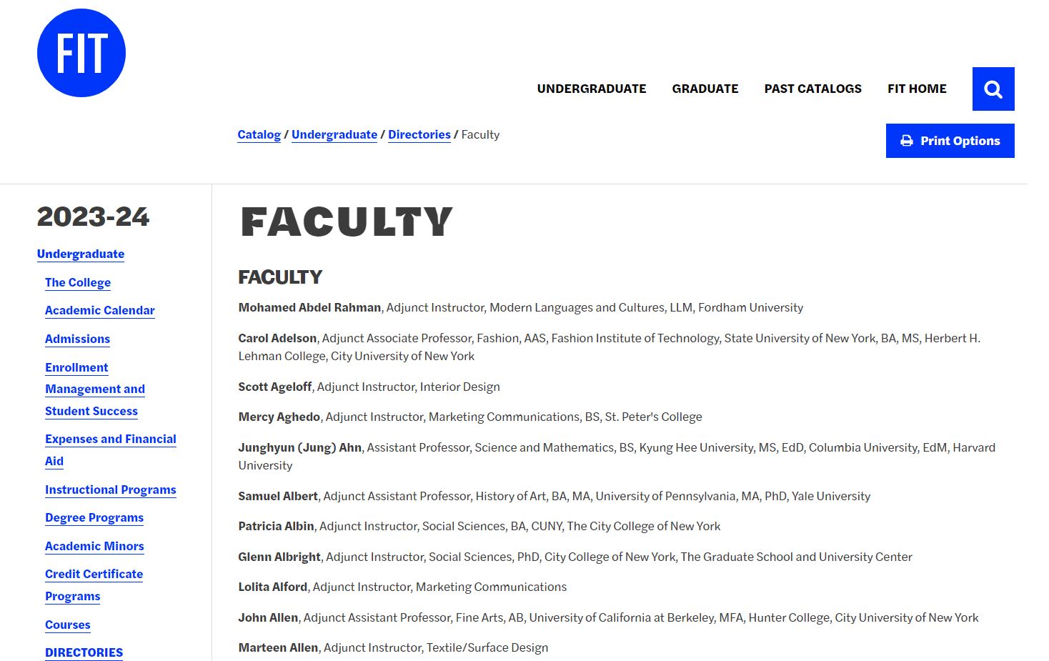 screenshot of the catalog listing of faculty