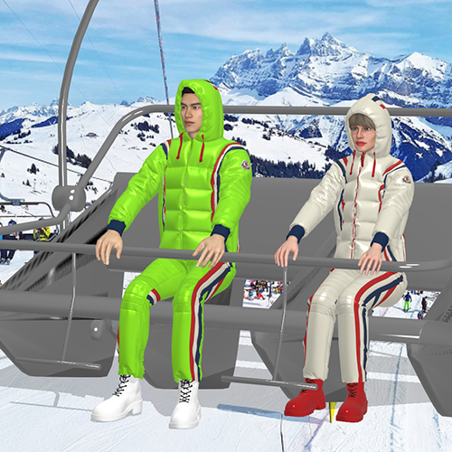 rendering of 2 ski outfits on a ski lift