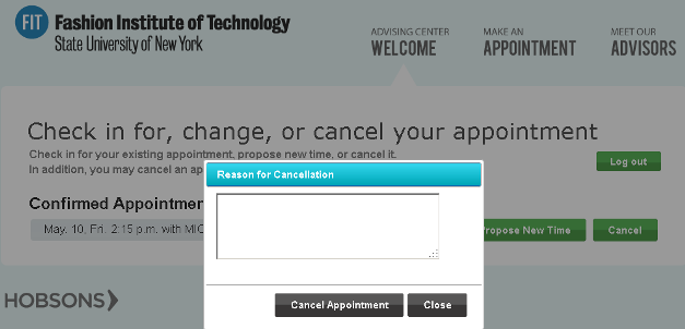 Advisement Center Reason for Cancellation