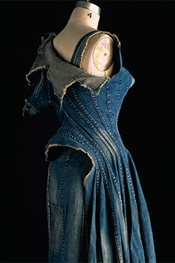Junya Watanabe, dress, repurposed denim, spring 2002, Japan, museum purchase, 2010.37.12, Museum at FIT. Photograph by William Palmer