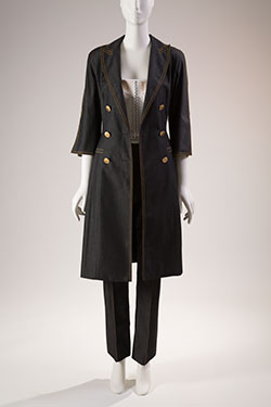 "" Gianfranco Ferré, suit, denim-look silk, spring 1999, Italy, gift of Gianfranco Ferré S.p.A., 99.83.6, Museum at FIT