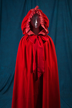 long cape in bright red with attached hood and neckline ties