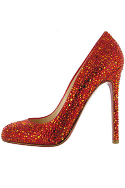 red high heeled shoe with red and gold rcrystals all over