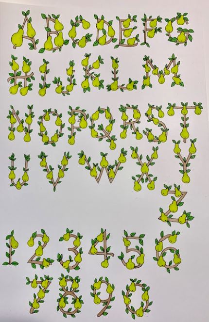 alphabet made of vines and pears