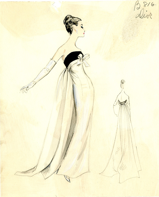 sketch of strapless Dior dress offered at Bergdorf Goodman, 1956