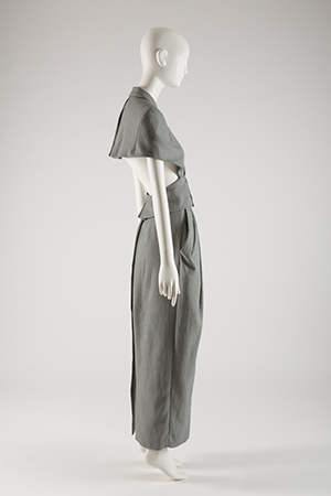 grey two-piece suit with backless top