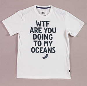 White t-shirt with black text that says WTF Are You Doing To My Oceans