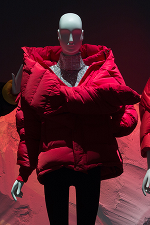 Red puffy parka with extra large collar