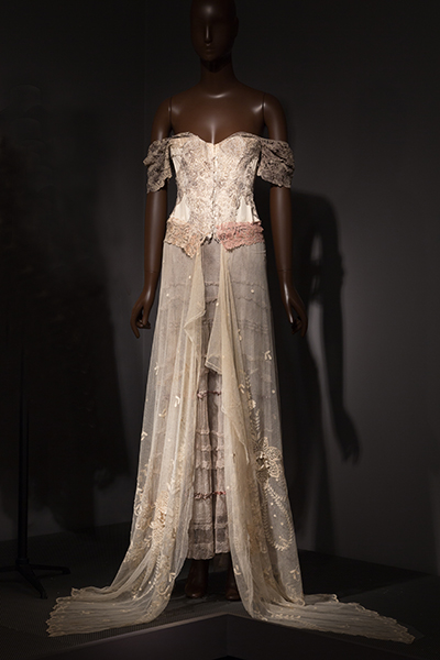 Dress on mannequin with corset top and tulle skirt