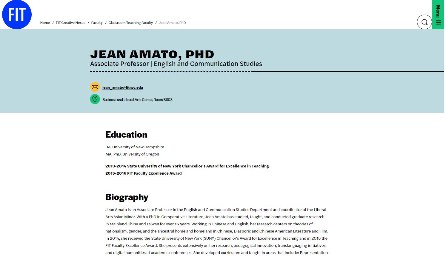 screenshot of faculty profile webpage