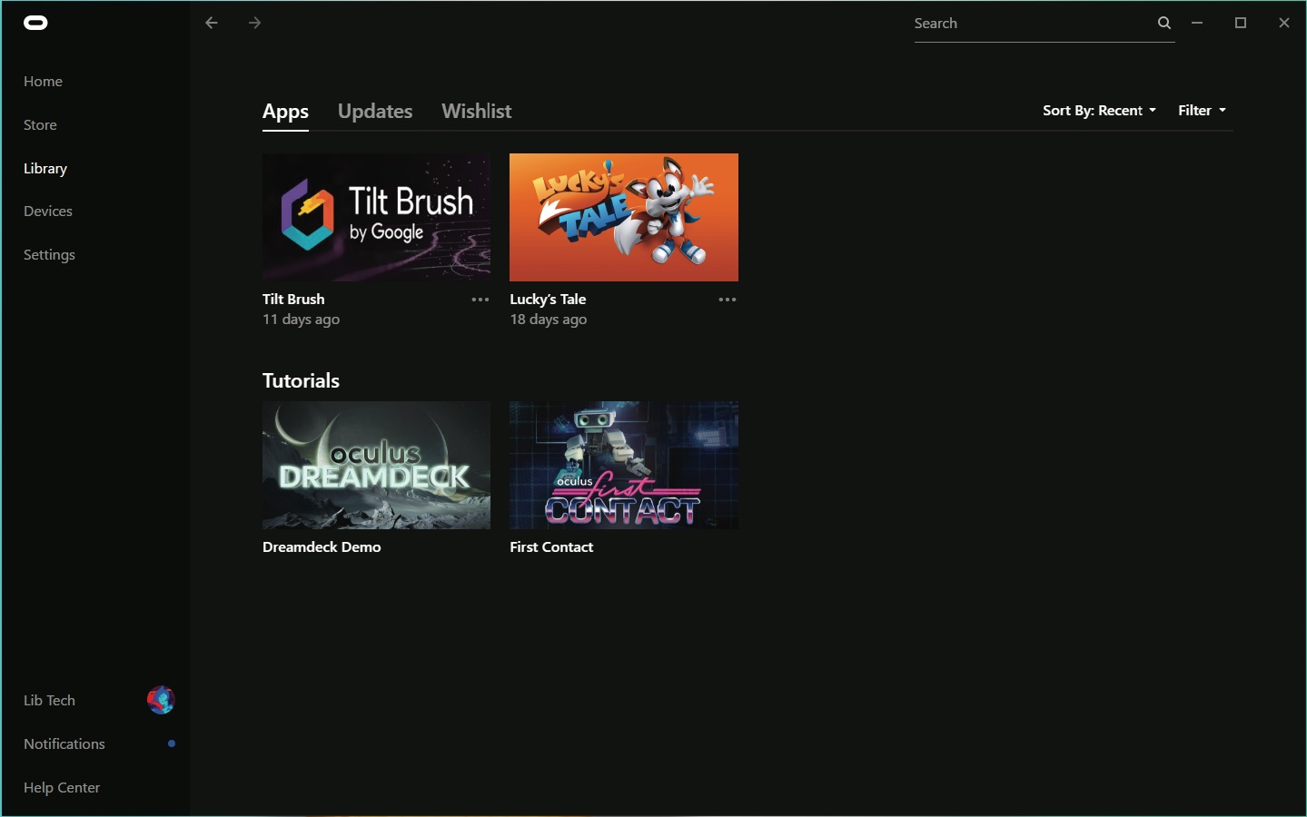 Library tab selected -showing apps such as tilt brush - lucky's tale - dreamdeck demo and first contact