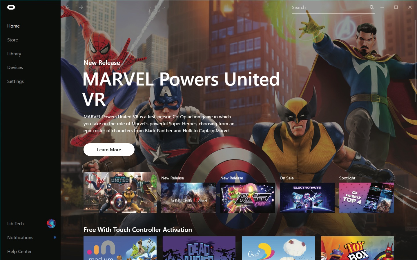 Oculus rift software home - large image of marvel powers united vr with several other apps located on screen image