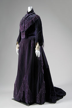 purple gown with chenille fringe and tassels, long bell sleeves tucked from shoulder to cut-out cuff, and long skirt with cascading fringe, pleated back with train