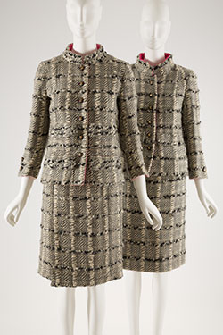 three piece suit in white and black with novelty woven shadow plaid