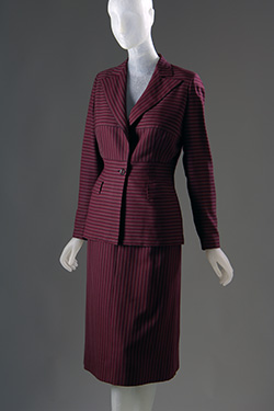 purple and brown horizontal striped wool suit with contrast vertical stripe peaked lapel