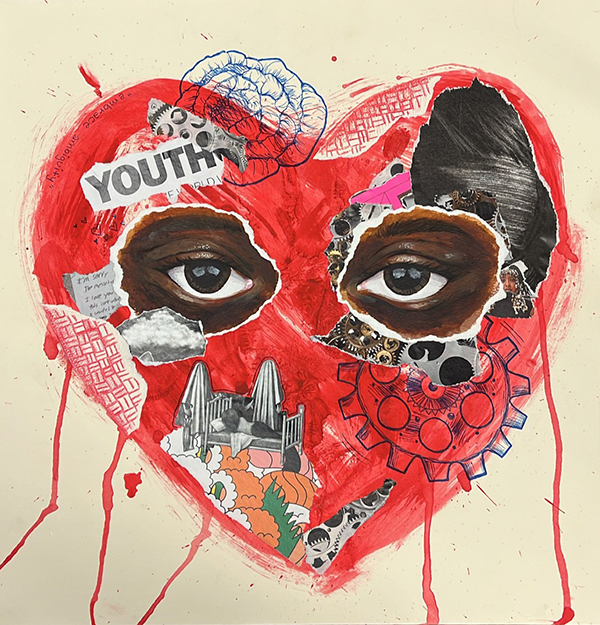 illustration of dripping painted heart with eyes of a black person looking at viewer through torn holes in the heart.