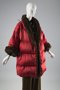 metalic red sleeping bag coat with brown fur lining