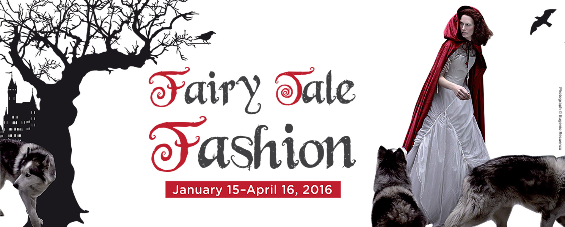 fairy tale banner image - young woman in a red cape anxiously glances over the shoulder as she seems to be leaving the frame, there are several wolf-like dogs nearby