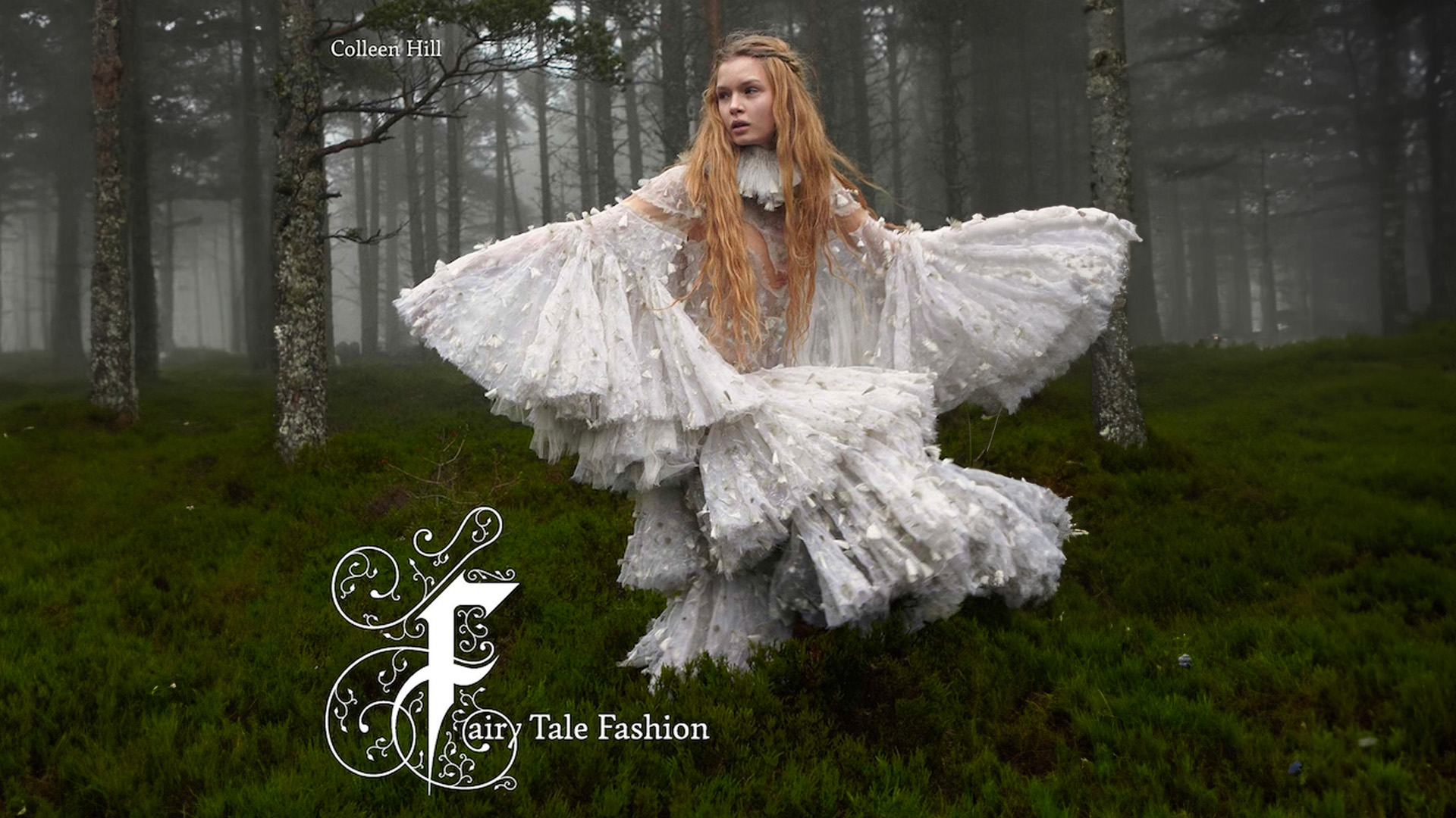 woman in white multilayered dress in the middle of a foggy forrest