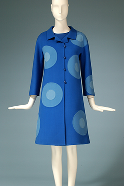 blue a-line shift dress with 9 two toned medium and light blue circles