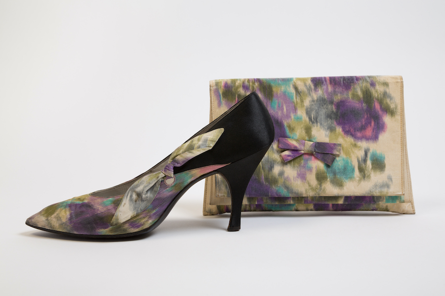 purple and blue floral pumps with matching bag