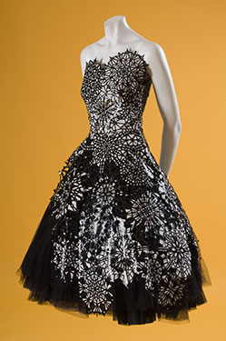 Alexander McQueen, evening dress, black leather, white silk, black tulle, fall 2008, France, museum purchase, 2010.61.1