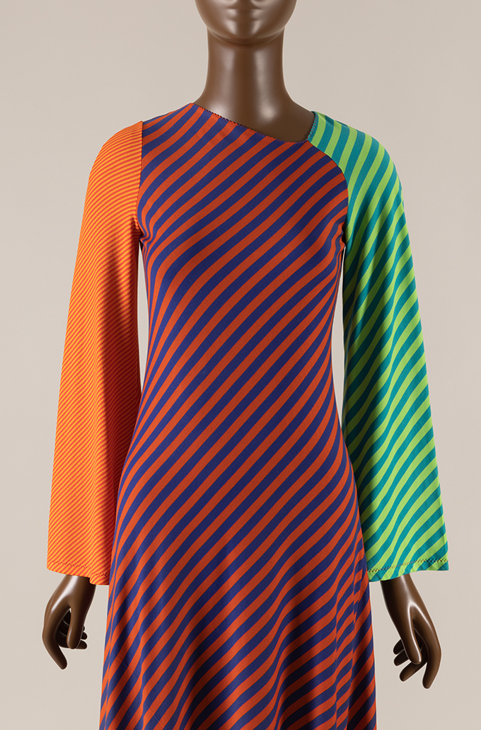 front view of a multi-colored striped long sleeves dress