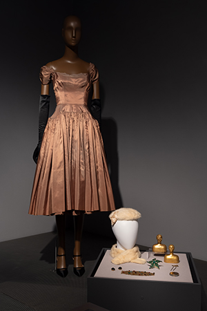 installation image of 1950s dress and case of accessories