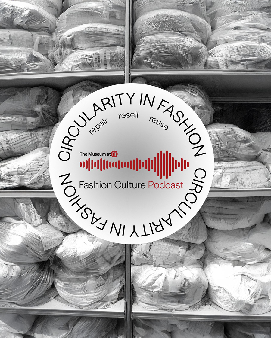black and white image of bags of fabric scraps with circular graphic of "Circularity in Fashion"