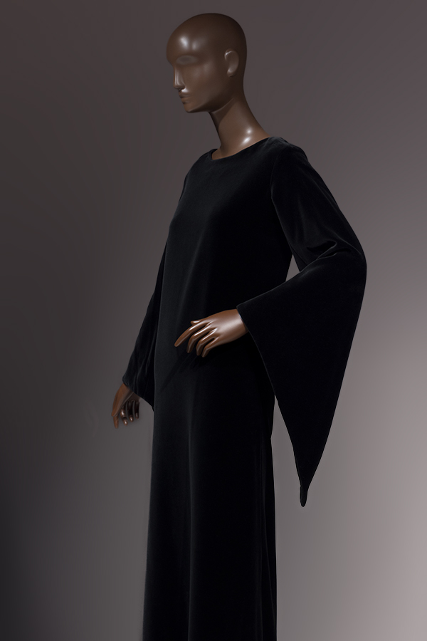 black floor-length dress with large bell sleeves