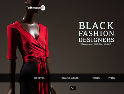 homepage of Black Fashion Designers exhibition website featuring red and black Scott Barrie dress