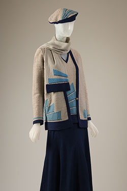 Sportswear ensemble, navy blue, turquoise, and ecru wool, c.1929, France, museum purchase, 2009.15.7