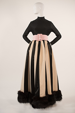 Black and Ivory Satin Striped Fox Trimmed Skirt with Silk Jersey Turtleneck with Pink Satin Trapunto Sititched Belt
