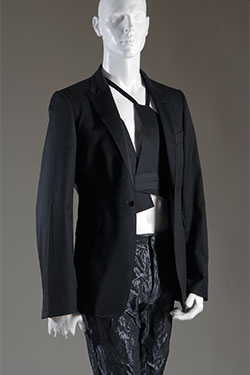 Costume National, men's suit, black cotton, blue/black polyester, 2004, Italy, gift of Costume National, 2008.49.1