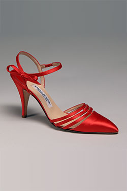 Manolo Blahnik evening sandals, red silk satin, circa 1988, England, gift of Carolyne Roehm, Inc., 91.186.14