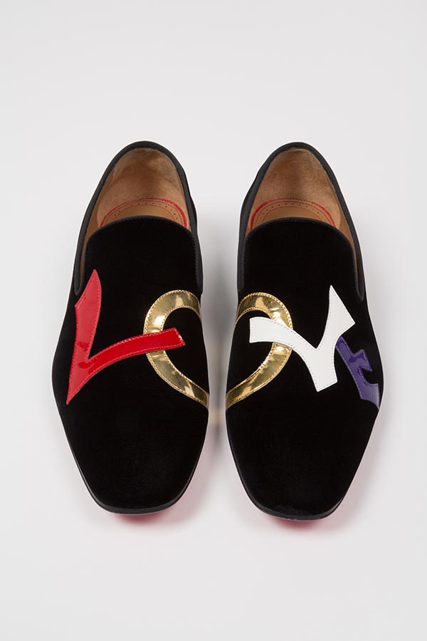 Man's DandyLove black velvet slip on evening shoes, Love appliqued across both shoes in a multicolor mix of metallic and patent leather, grosgrain trim