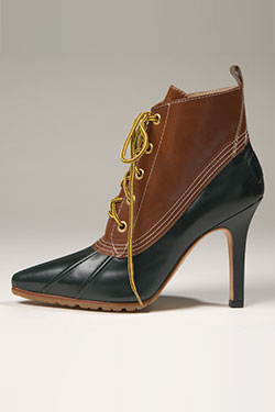 Manolo Blahnik, boot, tan and hunter green leather, rubber, c. 1994, England, gift of C. Hooper, 2002.62.1