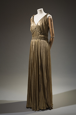 bronze metallic silk v neck dress