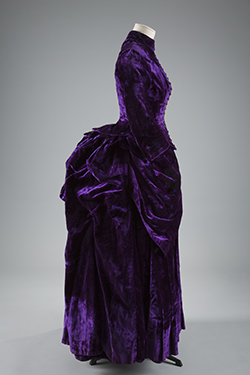 purple silk crushed velvet gown with bustle