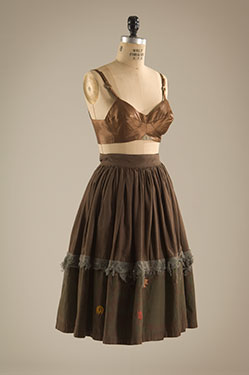Worlds End (Malcolm McLaren and Vivienne Westwood), bra top and skirt, brown satin, brown printed cotton, Buffalo collection, Fall 1982, England, museum purchase, 2003.97.4