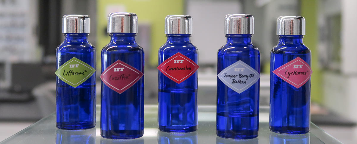 fragrance bottles in lab