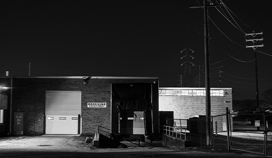 black and white photograph of a garage