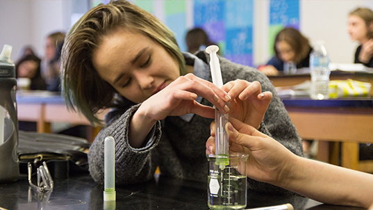 a student uses a syringe to inject liquid into a beaker