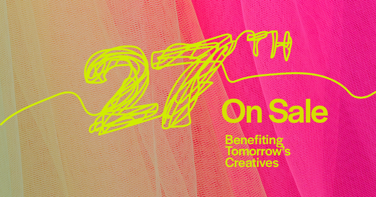 lime green hand drawn logo for "27th on Sale: Benefiting Tomorrow's Creatives," on a gradient pink tulle background.