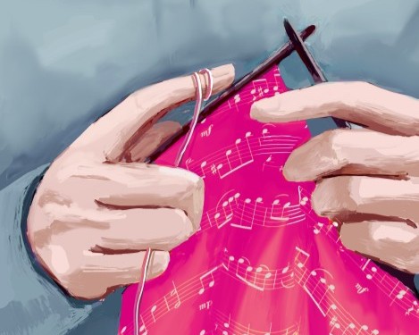 in the color illustration is a closeup of two hands knitting a garment with white pattern of music notation (notes on the staff lines) on a hot pink background. The knitter is wearing a top in blue gray, which serves as a background and a second predominant color in the image.