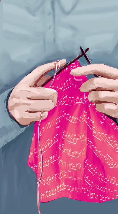in the color illustration is a closeup of two hands knitting a garment with white pattern of music notation (notes on the staff lines) on a hot pink background. The knitter is wearing a top in blue gray, which serves as a background and a second predominant color in the image.