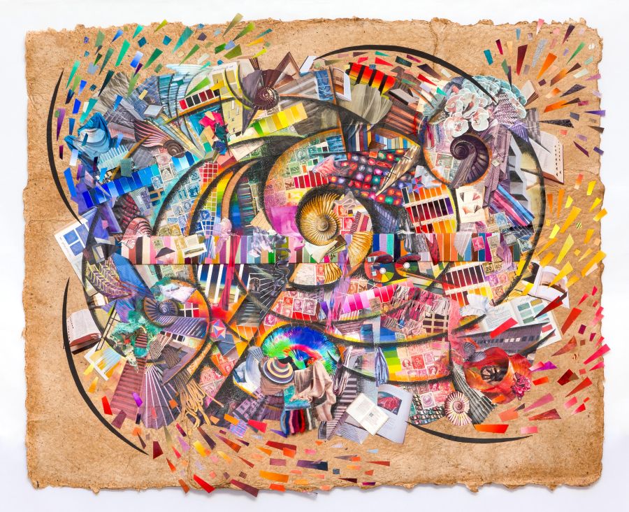 a mixed media multicolor collage with repeating motif of shells and winding helical pattern repeated throughout the work 