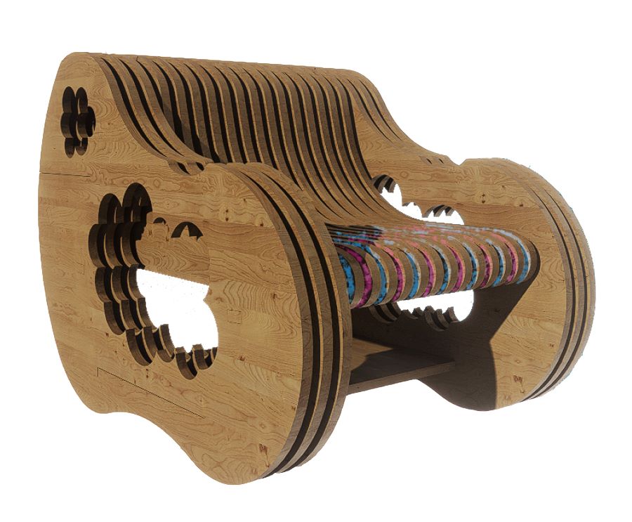 Chair made of stacked wooden panels with rounded sides and cut out armrests, colorful fabric detailing runs across the seat.