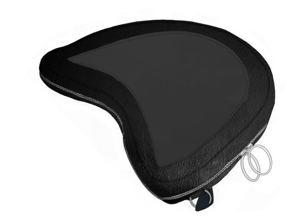 Close up view of black curved bag, designed to lay on a lap, with a zipper around the edge with two large metal zipper rings and an external attachment loop on the side.
