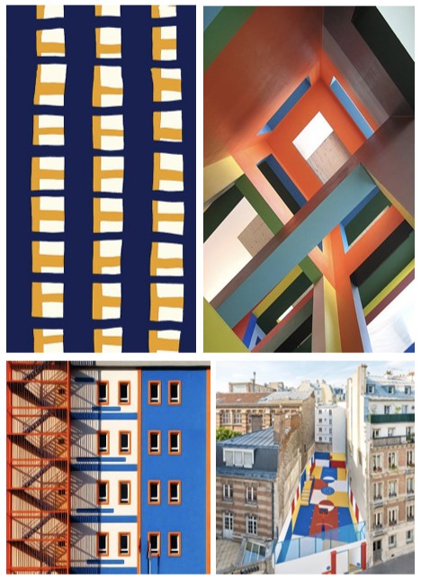 Collage of four colorful architectural photos: a grid of yellow and white windows on a blue wall, an upward view of intersecting beams in bright colors, the side of a blue building with red fire escapes, and an aerial view of a courtyard painted with bold geometric patterns.